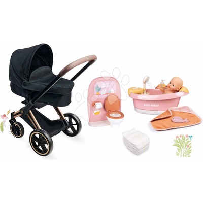 Corolle Set trojkombinácia v kúpelni Cybex Black 3in1 Pram s vaničkou s funkčnou sprchou a plienkami