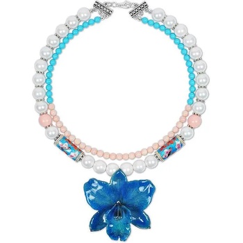 Dannyra Колие с естествена орхидея, перли Майорка, мъниста клоазоне Blue Oriental Queen Dannyra Jewels