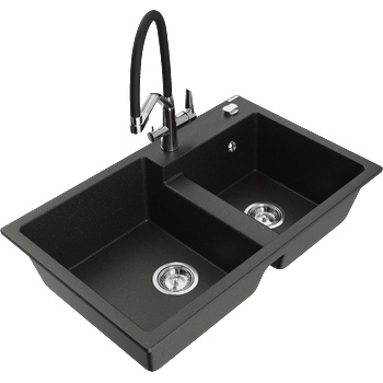 Mexen Tomas кухненска мивка от гранит с 2 камери с кухненски смесител Duo, черен/златист металик - 6516-75-671701-07 (6516-75-671701-07)
