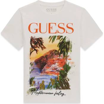 GUESS Бяла тениска за момче с голяма многоцветна щампа отпред и оранжев надпис Guess