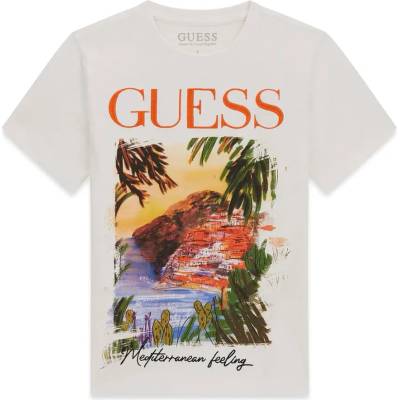 GUESS Бяла тениска за момче с голяма многоцветна щампа отпред и оранжев надпис Guess