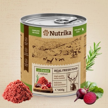 Nutrika Dog food with Game & Beetroot 800gr - пълноценна храна за ираснали кучета от всички породи с дивеч и червено цвекло 800гр