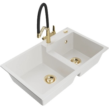 Mexen Tomas двукамерна гранитна мивка с кухненски смесител Duo, бял - 6516-20-671701-57-G (6516-20-671701-57-G)