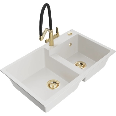 Mexen Tomas двукамерна гранитна мивка с кухненски смесител Duo, бял - 6516-20-671701-57-G (6516-20-671701-57-G)