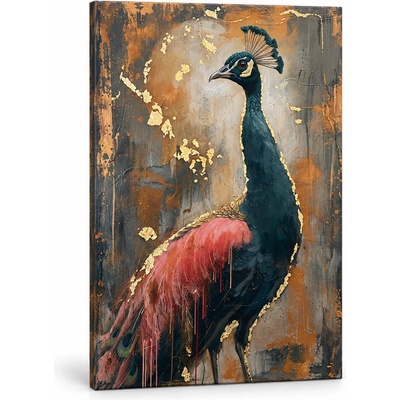 Papilora Obraz majestátneho páva so zlatými detailmi na plátne – s ručne maľovanými detailmi - 100x150 cm