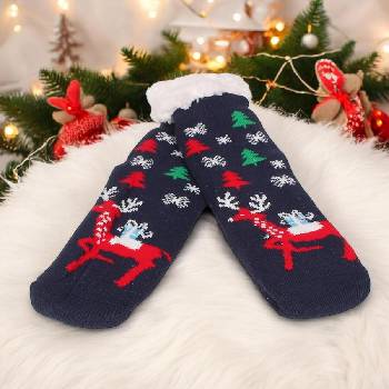 Дамски коледни чорапи в тъмносиньо с еленче и пухкава вата