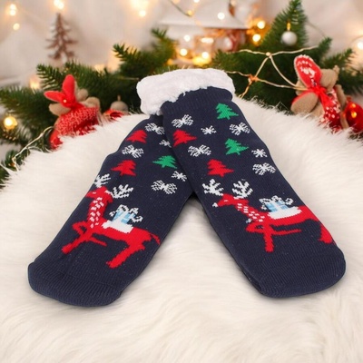 Дамски коледни чорапи в тъмносиньо с еленче и пухкава вата