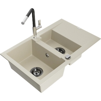 Mexen Gaspar гранитна мивка с 1, 5 камери с отцедник и кухненски смесител Flora, бежов - 6507-69-670401-07-B (6507-69-670401-07-B)