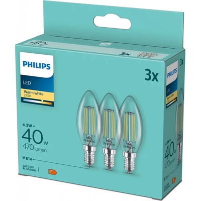 Philips svíčka, 4,3W, E14, teplá bílá, 3ks