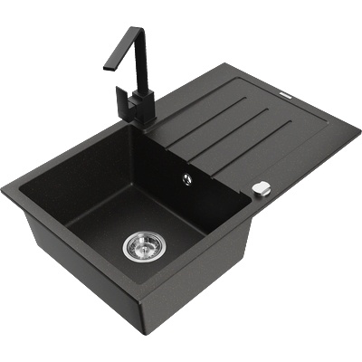 Mexen Bruno гранитна мивка с 1 отделение, с отцедник и кухненски смесител Rita, черен/златист металик - 6513-75-670300-70 (6513-75-670300-70)