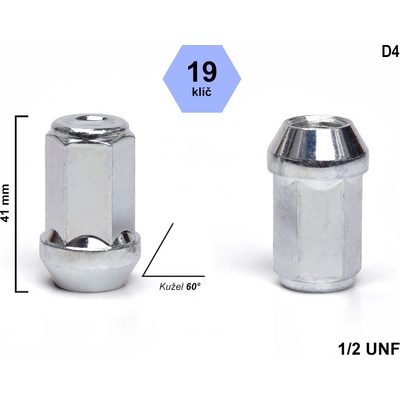 Kolová matice 1/2 UNF kužel zavřená prodloužená, klíč 19, D4, výška 41 mm