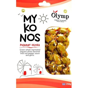 Olymp пикантни зелени маслини с люта чушка и чесън вакуумирани 250 гр