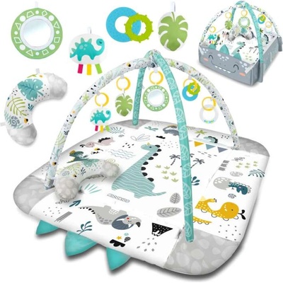 RicoKids 3in1 Игрална подложка с игрална арка и възглавница - Динозавър - мента-сиво (7319)
