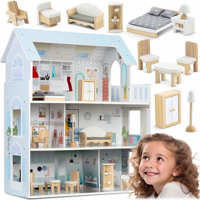 Ricokids Dřevěný domeček pro panenky RK-878 3-patrový modrý