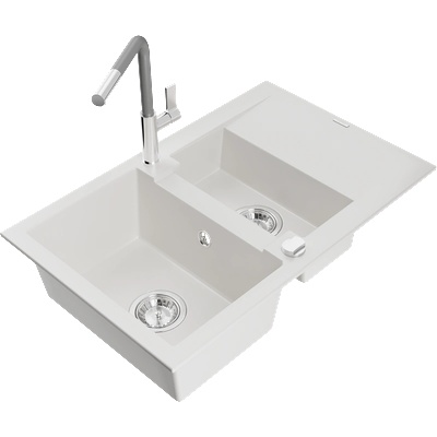 Mexen Gaspar гранитна мивка 1, 5 камери с отцедник и кухненски смесител Flora, бял - 6507-20-670401-06 (6507-20-670401-06)