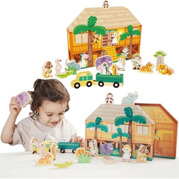 Teddies Safari ZOO dřevo + domeček 16 ks