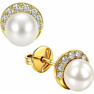 Zlaton Náušnice žluté zlato s perlou pecky 0.75cm 2.5g s diamanty 0.150ct N19062603440