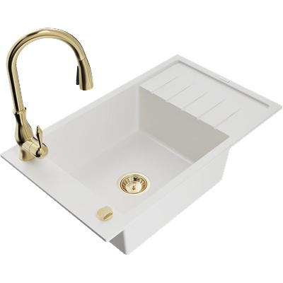 Mexen Elias гранитна мивка с една камера и отцежник и кухненска батерия Savita, бял - 6511-20-672601-50 (6511-20-672601-50)