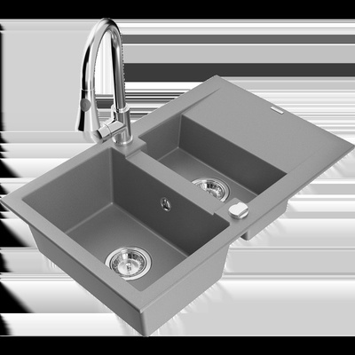 Gaspar гранитна мивка 1, 5-каморова с отцедник и кухненски смесител Elia, сива - 6507-71-670101-00 (6507-71-670101-00)