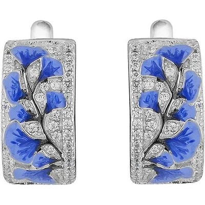 Swan Сребърни обеци с ръчно рисувани сини цветя и цирконии PJ547E Swan