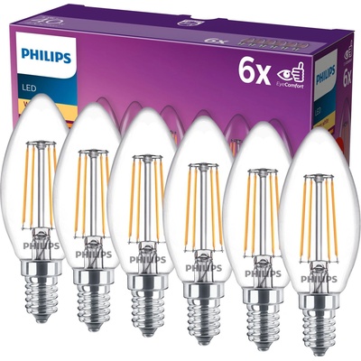 Philips 6x LED svíčková žárovka E14 B35 4,3W = 40W 470 lm 2700K teplá bílá vlákno