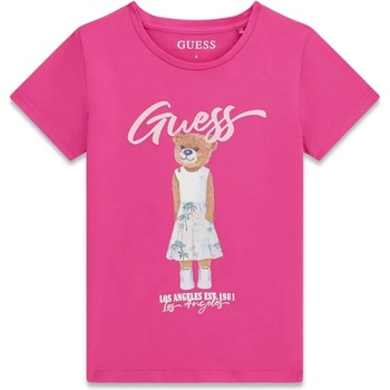 GUESS Цикламена тениска за момиче с цветно мече и розов надпис Guess