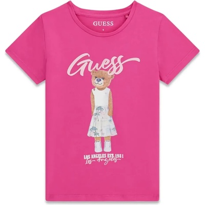 GUESS Цикламена тениска за момиче с цветно мече и розов надпис Guess