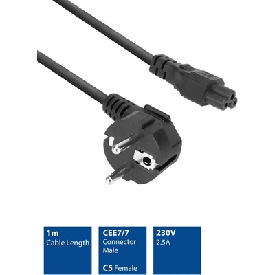 ACT Powercord мрежов конектор Schuko CEE 7/7 мъжки (под ъгъл) - C5 IEC 60320 1m черен AK5162 (AK5162)