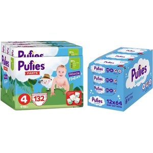 pufies Пелени гащи Pufies Fashion - Размер 4, 9-15 kg, 132 броя + мокри кърпи Pufies Clean Care, 12 х 64 броя (3800024036118+13800024027540) - ozone