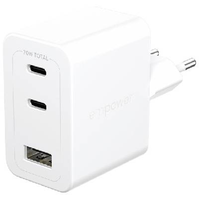 empower Turbo GaN бързозареждащ адаптер с портове 2x USB-C / USB-A - 70W - бял (90872)