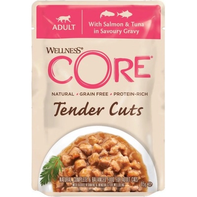 Wellness Core Tender Cuts losos a tuňák v omáčce 85 g