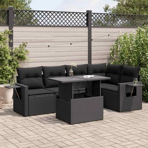 vidaXL Градински диван с възглавници, 6 части, черен, полиратан (3326476)