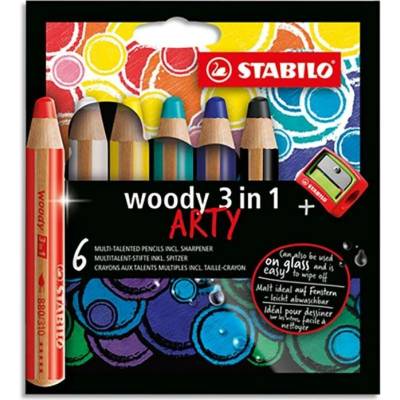 Stabilo Pastelky STABILO woody 3 v 1 ARTY- barvička vodovka voskovka 6 ks + ořezávátko 450502