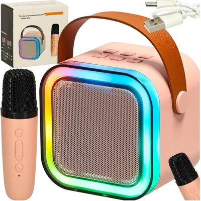 Karaoke set mikrofon a přenosný reproduktor BLUETOOTH USB LED růžový