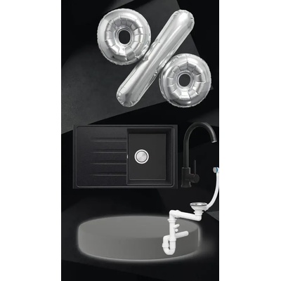 Твоят Стил Черна кухненска мивка от гранит Милано 45 780 x 500, Смесител 5010, Сифон