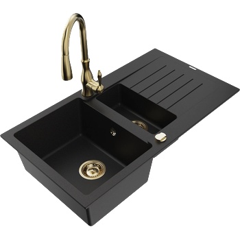 Mexen Matias гранитна мивка 1, 5-камерна с отцедник и кухненски смесител Savita, черен - 6502-77-672601-50 (6502-77-672601-50)