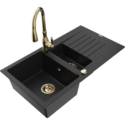 Mexen Matias гранитна мивка 1, 5-камерна с отцедник и кухненски смесител Savita, черен - 6502-77-672601-50 (6502-77-672601-50)