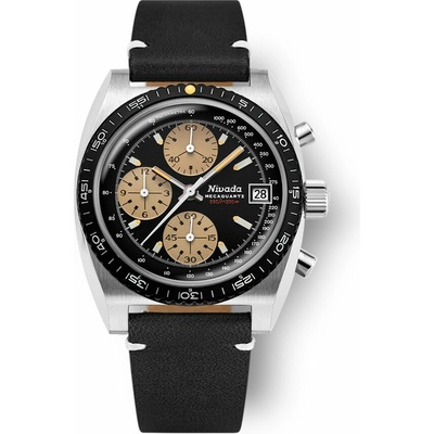 Nivada Grenchen Autochron Meca - Black Leather White Stitching