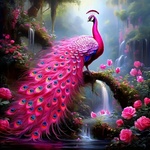  Диамантен гоблен с дървена подрамка 30 х 40 см. - Розов паун сред рози и водопади ВКН030