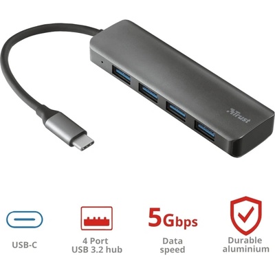 Trust USB хъб, TRUST Halyx Alum. USB-C to 4-Port USB3.2 Hub (23328)