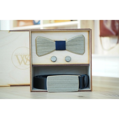 Wood Style Set Hranatý Modrotisk opasek motýlek a manžetové knoflíčky Hnědá Šedé hedvábí