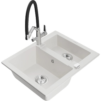 Mexen Carlos гранитна мивка 1, 5-коморна с кухненски смесител Duo, бял - 6518-20-671701-07 (6518-20-671701-07)