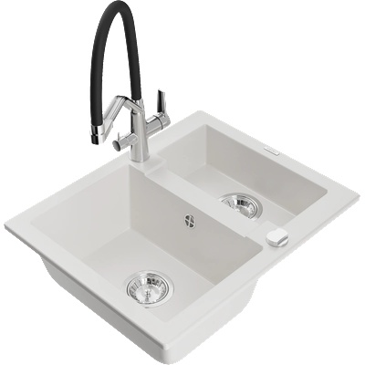 Mexen Carlos гранитна мивка 1, 5-коморна с кухненски смесител Duo, бял - 6518-20-671701-07 (6518-20-671701-07)