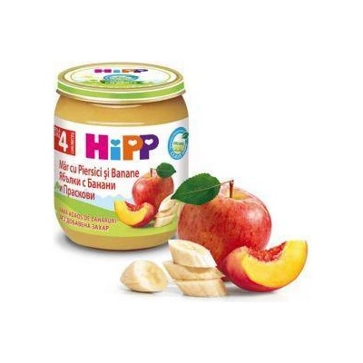 HiPP Пюре Hipp, Био ябълки, банани и праскови, 125 гр, 9062300134237