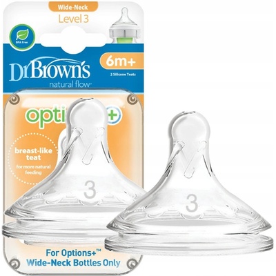 Dr.Browns náhradné silikon cumlíky pre dojčenské fľašky options Wide Neck stupeň 3 BPA Free 2 ks WN3201