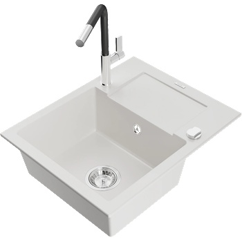 Mexen Enzo градинен мивка 1-камерна с отцедник и кухненски смесител Flora, бял - 6506-20-670401-07 (6506-20-670401-07)