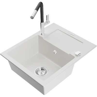 Mexen Enzo градинен мивка 1-камерна с отцедник и кухненски смесител Flora, бял - 6506-20-670401-07 (6506-20-670401-07)