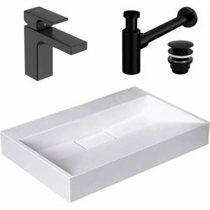 Rea Комплект за умивалник за плот Rea Goya бял 60 см, смесител за умивалник Hansgrohe Vernis Shape 100 черен и кран за умивалник Click-Clack черен (5902557342266+71561670+5902557345298)
