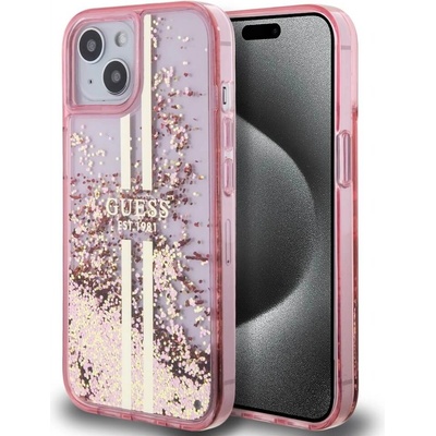GUESS Liquid Glitter Gold Stripe Case - дизайнерски кейс с висока защита за iPhone 15 Pro Max (розов)