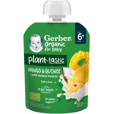 GERBER Пюре органично плодово манго и дюля с кокосово мляко 80 г, 6+